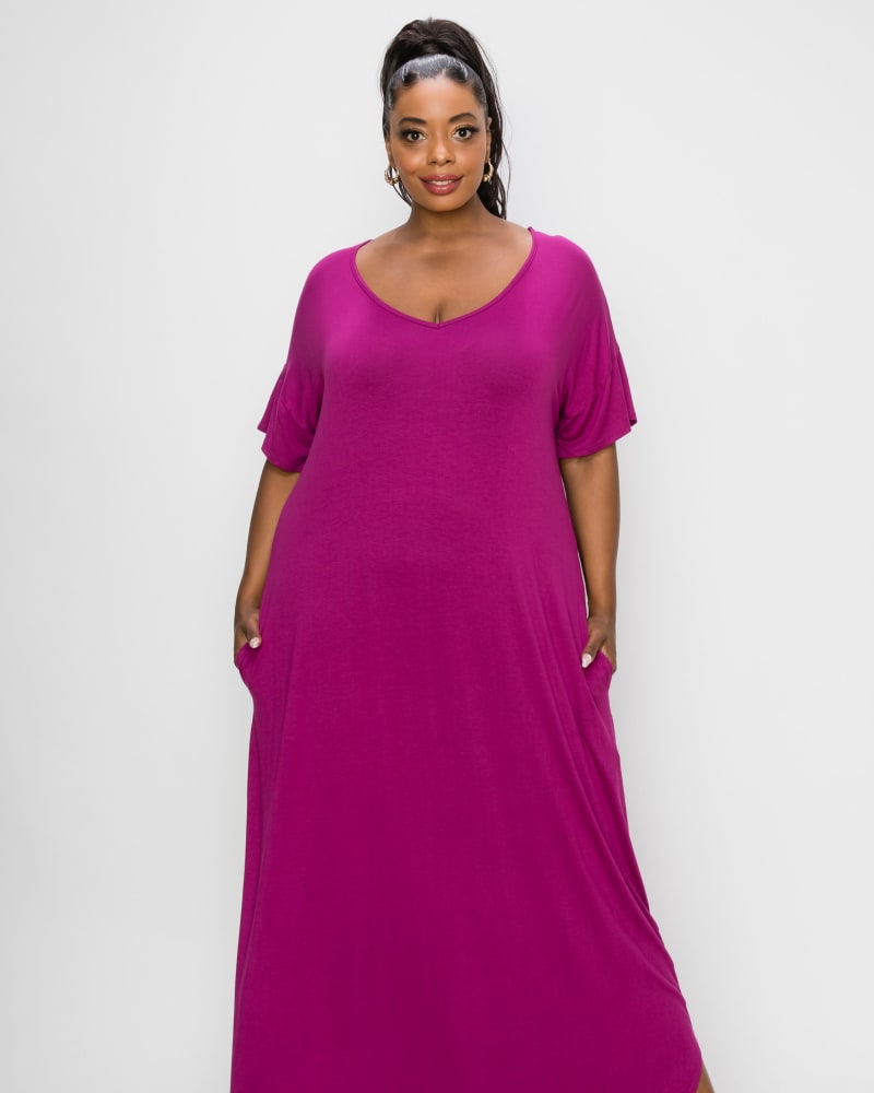 Front of a model wearing a size 2X Scarlett Maxi Dress in Magenta by L I V D. | dia_product_style_image_id:241772